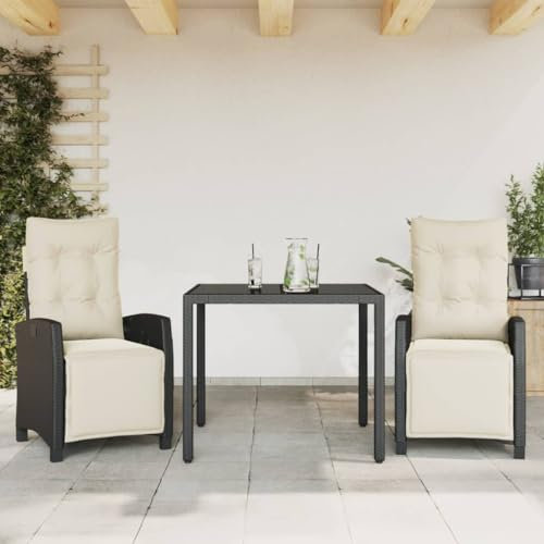 Homgoday 3-TLG. Garten-Essgruppe mit Kissen Sitzgruppe Balkonset Gartentisch mit 2 Stuhl Gartenstuhl Hochlehner Verstellbar Gartenmöbel Set Essgruppe Balkon Terrasse Schwarz Poly Rattan