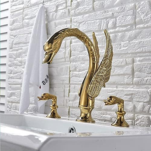 SANTPOT Swan Golden Badezimmer-Waschtischarmatur, Warm- Und Kaltwasserhahn, Drei Löcher, Zweigriff-Mischbatterie, Vogelgriff, Gold,Schwarz, Gold, Gold