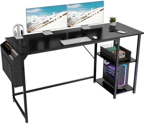 Devoko 140cm Computer Schreibtisch mit Reversible Regal,Schreibtisch Kleiner Tisch mit Kopfhörerhaken, Computertisch Klein für Home Office,Bürotisch Kleiner für Heimbüro,Schwarz