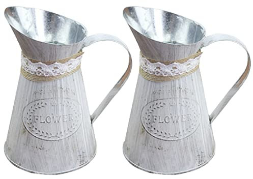 Flower Bucket Rustic Iron Jug Vintage Garden Pitcher Flower Metal Vase Desktop Plants Pot for Home Decor 2PCS, Iron Flower Pot