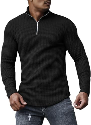 KUYIGO Polo Shirts for Men Adult Zipper Casual Fashion Slim Fit T Shirts Long Sleeve Shirts M Black