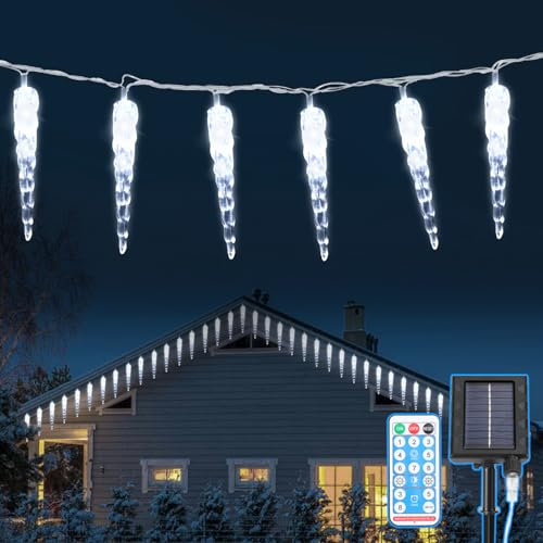 Eulenke Guirlande lumineuse solaire stalactite, 10 m (80 LED), avec télécommande, lumières pour décoration intérieure et extérieure, décoration de sapin de Noël, blanc froid