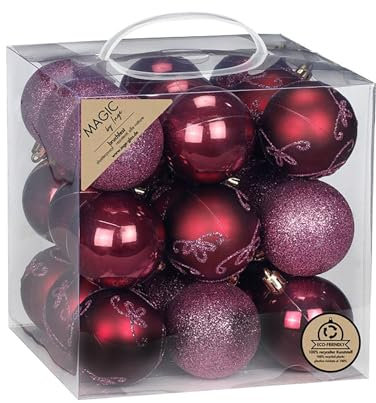 Inge-glas Weihnachtskugeln Kunststoff 6cm 27er Set - bruchsicher & mit Glitzer - Christbaumkugeln für Weihnachtsbaum - Weihnachtsbaumkugeln & Christbaumschmuck zu Weihnachten Weinrot - Bordeaux Red