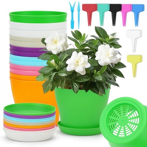 14PCS Plastic Plant Pots, 14cm Colorful Flower Pots with Pallet Trays, Garden Plant Container with 14PCS Signage and Seedling Remover for Office House Desk Indoor Outdoor