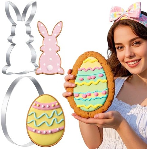 Teenyyou 2 Pcs Large Easter Cookie Cutters 8 Extra Large Bunny and Egg Stainless Steel Giant Cookie Cutter for Easter Spring Holiday Baking
