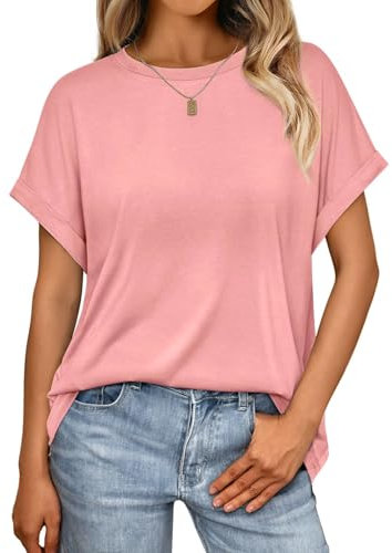Cuptacc Tee Shirt Femme Col Rond Basiques T Shirt Manche Courte Ample Top Femme Ete Rose foncé Grand L 44-46