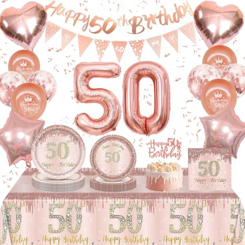 Rose Gold 50th Birthday Party Decorations Tableware Set Include 50th Birthday Balloons, Banner, Tablecloth, Cake Topper, Plates and Serviettes for Girls, Women,Her Party Birthdays Supplies Decoration