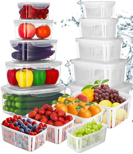 Ixydor Fiambreras para frutas y verduras con tapa colador, 5 juegos de almacenamiento de frutas y frigorífico, organizador de verduras, almacenamiento apilable para frigorífico, caja de verduras 5,8 L