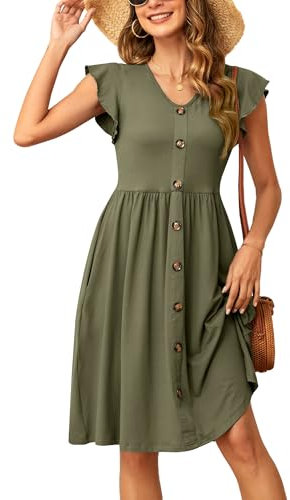 SENBATU Sommerkleider Damen Rüschen Ärmel V-Ausschnitt Strandkleid Plissee Midi Kleid mit Taschen Einfarbig Armee Grün Mittel M 38-40