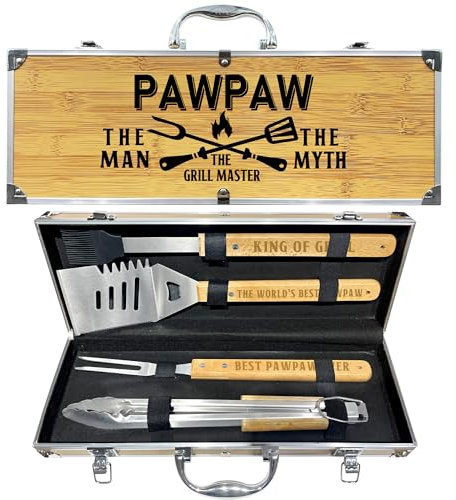 Paw Paw Gifts, Christmas Pawpaw Gifts from Grandkids Heavy Duty Wooden BBQ Grilling Accessories Kit for Backyard, Thick Stainless Steel Grill Utensils with Non-Slip Handle Tools in Portable Bag