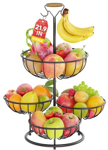 PouHenier.jh 4 Tier Fruit Basket Rack Stand with Banana Hanger for Kitchen Counter, Metal Wire Tiered Vegetable Storage Bowl for Dining Table, Countertop Produce Display, No Screws Easy Setup, Black