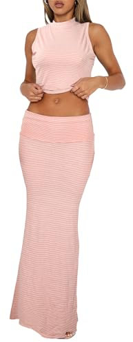 Rock-Sets für Damen, 2-teiliges Outfit – sexy zweiteilig, ärmellos, Tank-Top, umklappbar, Maxi-Röcke, rosa streifen, X-Klein