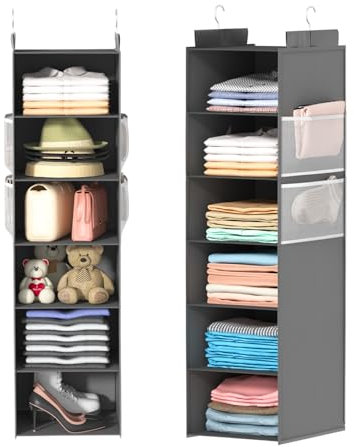 ALLTIDYUP Extra Deep Hanging Wardrobe Organizer with 6 Shelves and Large Mesh Pockets – Durable, Heavy-Duty Storage for Clothes, Shoes & Hats, Ideal for Dorms and Caravans – Grey, Single Pack
