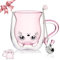 Geschenke für Frauen Doppelwandige Gläser Tasse mit Rosa Katze mit Henkel und Löffel Doppelwandige Kaffeetasse Geburtstagsgeschenk Valentinstag Geschenke für Beste Freundin Espressotasse Becher