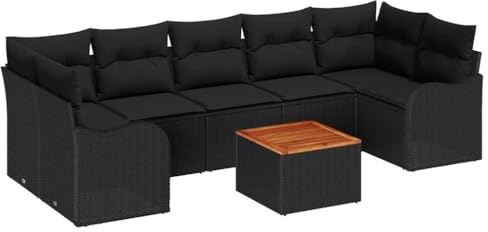 vidaXL 8-teiliges Garten-Sofa-Set mit Kissen in Schwarz aus Poly-Rattan und Akazie – Flexibles, modulares Outdoor-Möbelset für die Terrasse und zum Entspannen.