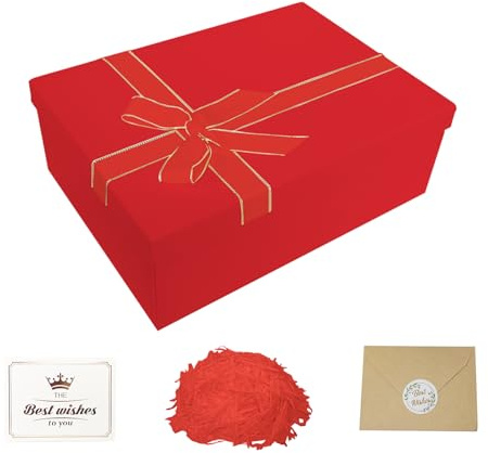 Guartinx Geschenkbox Mit Deckel Groß 29x22x10.5, Rot Geschenkbox mit Schleifen, Raffia, Grußkarten, Geschenke Box Set für Geburtstage Hochzeiten Valentinstag Muttertag Halloween Weihnachten(Rot-M)