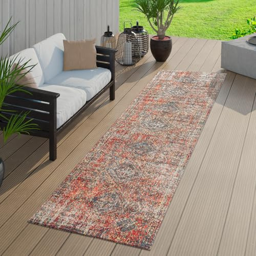 TT Home Outdoor Teppich Rot Orient Design Balkon Terrasse Strapazierfähig, Größe:60x100 cm