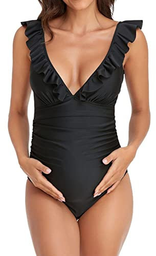 Pyjama pour femme - Maillot de bain d'été pour femme enceinte avec col en V - Plage de bain sexy - Convient pour la maternité et la grossesse - Maillot de bain pour femme - Col large, Noir , S