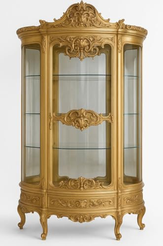 PALAZZO INT Luxus Vitrine Marie Antoinette – Barocker -Vitrinenschrank vergoldet mit Glasfront & verspiegelter Rückwand, 4 Regalböden & Schublade (48×35×20 cm), 200 × 120 × 45 cm