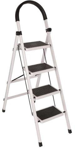 EGTink Escalera plegable en 4 peldaños, con pasillos antideslizantes extra anchos, escalera plegable con pasamanos de seguridad, escalera de metal para hogar y oficina, soporta hasta 150 kg (blanco)