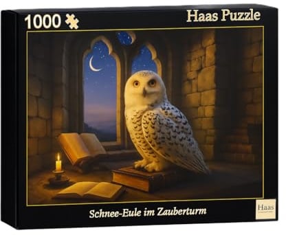 Puzzle 1000 Teile – Schnee-Eule im Zauberturm – Magisches Fantasy-Motiv mit Büchern & Kerzenschein – Premium Puzzle für Erwachsene & Kinder – Geschenkidee vom Haas Literaturverlag
