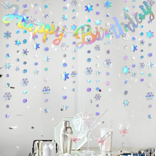 OIXEYA 2 Stück Schneeflocken Girlande Geburtstag, Geburtstagsgirlande, Snowflake Geburtstag Girlande, Geburtstagsdeko, Happy Birthday Banner Schneeflocken Deko