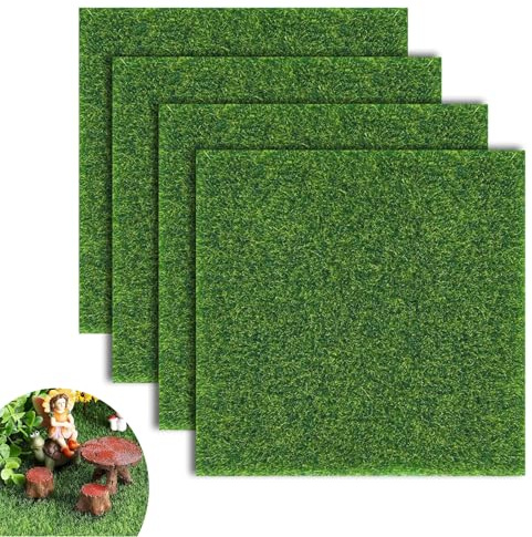 KRENIE Lot de 4 tapis de gazon artificiel - 15 x 15 cm - Mini modèle d'herbe pour travaux manuels et dioramas - Gazon statique vert pour maisons de poupées, fermes de jouets, modèles de paysage