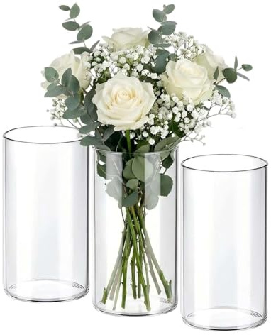 Glasvase Set, 3 Zylindrische Transparente Vasen für Hochzeit, Tischdekoration, Kerzenhalter, Blumenarrangements (15 cm, 3 PCS)