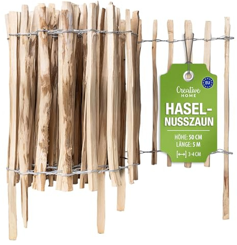 Creative Home Staketenzaun 50cm hoch und 5m lang | Lattenabstand 3-4 cm | Haselnusszaun | Rollzaun | Gartenzaun Holz Holzzaun | Zaun Garten Ideal als Rasenkante Blumenbeet Umrandung aus Haselnuss