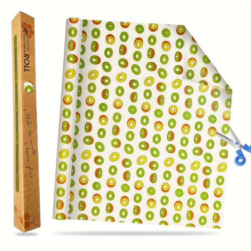 Cuxawamiyo Rollo de Envoltorios de Cera de Abeja 33 x 100 cm, Plástico de Envoltura Reutilizable Cortable con Estampado de Kiwi, Tela Encerada para Alimentos de Algodón y Cera de Abeja