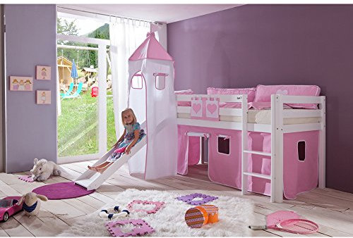 Relita Spielbett mit 3tlg. Stoffset rosa/weiß, Buche massiv weiß lackiert