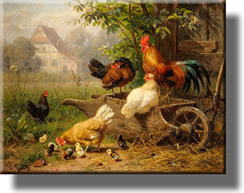 Bild Huhn auf Schubkarre auf gespannter Leinwand, Wandkunst, fertig zum Aufhängen