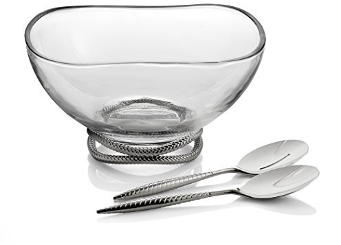 nambe Braid Glass Salad Bowl with Servers | Large 12-Inch Mixing and Serving Dish | Thick Glass Bowl for Salads, Fruit, and More | Stainless Steel Serving Spoons | Dishwasher Safe