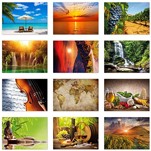 12 Stück Postkarten MIX - Set aus verschiedenen Motiven mit Natur, Wellness, Weltkarte, Küche, siehe Abbildung - Format: DIN A6 ( PKT-008 )