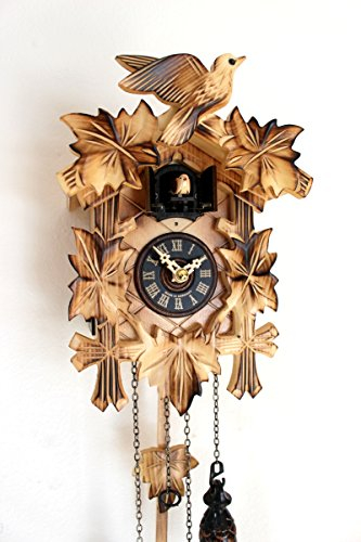 CLOCKVILLA HETTICH UHREN Kuckucksuhr geschnitzt geflammt Quarz Uhr 5 Laub Vogel Schwarzwald