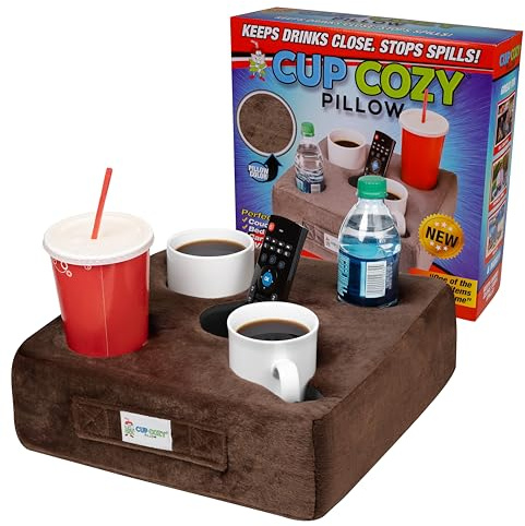 The Original Cup Cozy Pillow Gray-As Seen on TV-The World's Best Couch/Bed/Car Cup Holder for Drinks/Snacks/Remotes! (Brown, 5 Hole)