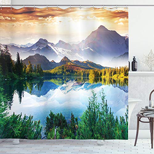 ABAKUHAUS Natur Duschvorhang, Winter Berge Morgen, Stoffliches Gewebe Badezimmerdekorationsset mit Haken, 175 x 200 cm, Braun Grün Weiß