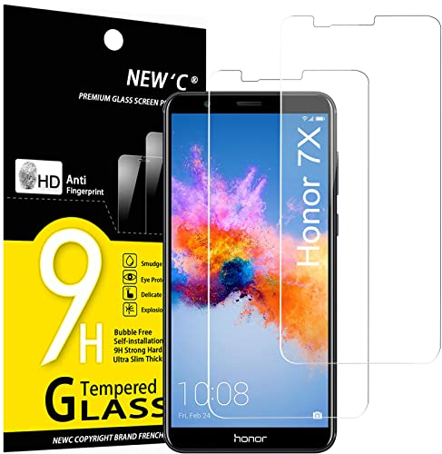 NEW'C Lot de 2, Verre Trempé pour Honor 7X, Film Protection écran sans Bulles d'air Ultra Résistant (0,33mm HD Ultra Transparent) Dureté 9H Glass