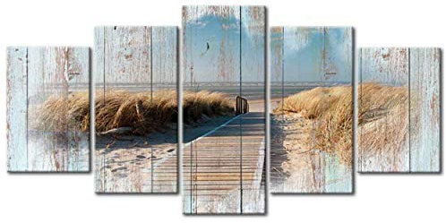 decomonkey - Impression sur Toile Plage Paysage Mer 200x100 5 Pièces - Tableau Décoration Appartement Déco Salon Peinture sur Toile Bois paysage été mer nature paysage plage fond vintage eau