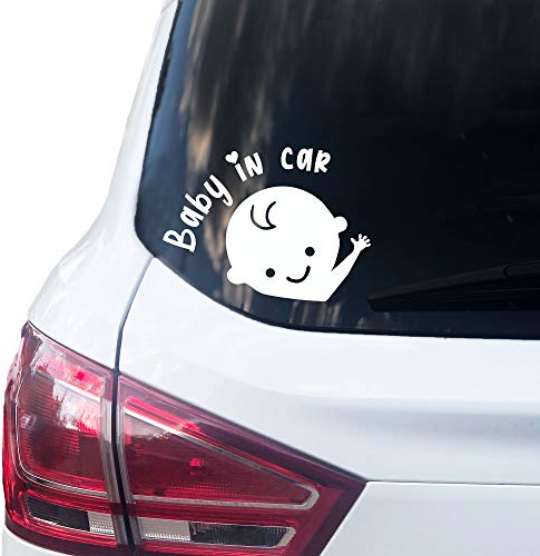 P007 | Baby in Car Aufkleber 14cm x 10cm Auto Sticker Babyaufkleber Autoaufkleber Vinyl Baby on board (V1 Junge, Weiss)