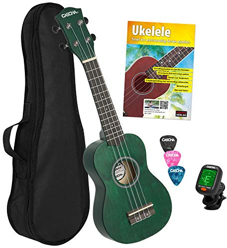 CASCHA Sopran Ukulele Set Niederländisch - für Kinder & Erwachsene I Starter Kit mit 3 Plektren Tasche holländisches Lehrbuch mit DVD Stimmgerät I Aquila Saiten Nylon I Kleine Hawaii Gitarre Grün