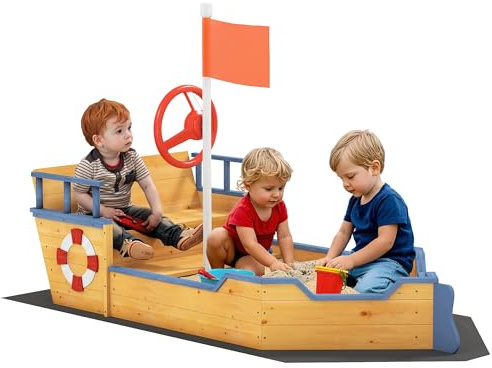 Outsunny Wooden Kids Sandbox, Ship-Shape Outdoor Sandboat with Bench Seats, Storage, Non-Woven Fabric Cloth for Backyard, Lawn, Natural Wood