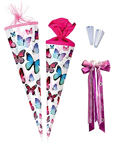 Nestler Schultüten-Set zum Befüllen, Handgemachte Zuckertüte aus Karton - Motiv Schmetterling, inkl. Spitzenschutz, Schleife (100 cm 12-eckig)