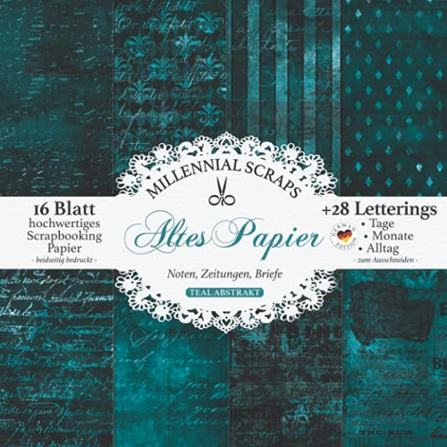 Altes Papier Noten, Zeitungen, Briefe TEAL ANTIK: Scrapbooking Decoupage Papier & Junk Journal Zubehör I Zum Ausschneiden I Mit Letterings I Karten Basteln DIY Geschenk I Tagebuch Deko