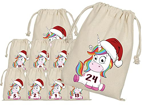 Adventskalender zum Befüllen, 24 Adventskalender Stoffbeutel, Bedruckt, Einhorn, Unicorn, Weihnachten Geschenksäckchen,Säckchen, DIY Adventskalender Selber Befüllen, Weihnachtskalender
