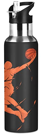 Vnurnrn Schwarzer Aquarell Basketball Druck Trinkflasche Wasserflasche mit Strohhalm 600ML, Thermosflasche Vakuumisolierte aus Edelstahl 18/8, BPA-frei für Kinder Sport Wandern Schule