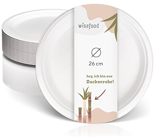 wisefood Zuckerrohr Teller - 200 Stück flache Bagasse Einwegteller rund weiß ∅ 26cm - Einmal Pappteller ideal als Partyteller oder Speiseteller - Nachhaltiges Zuckerrohr Geschirr ohne PLA/PE