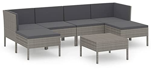 vidaXL Gartenmöbel 7-TLG. mit Auflagen Sitzgruppe Sofa Lounge Garten Garnitur Gartenset Gartensofa Mittelsofa Ecksofa Tisch Fußhocker Poly Rattan Grau