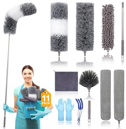 Ausziehbarer Mikrofaser-Staubwedel (11 Stück) mit 254 cm Verlängerungsstange, waschbar, wiederverwendbar, biegbar, Staubwedel für die Reinigung von Deckenventilatoren, hohen Decken, Fernseher,