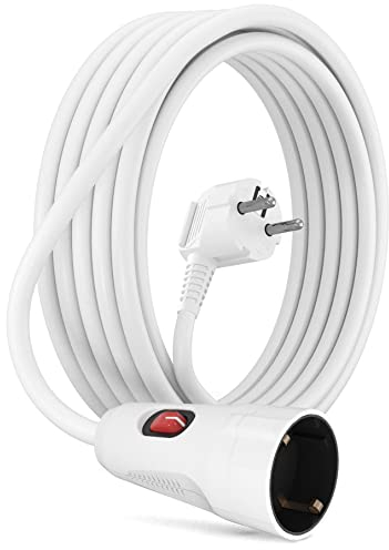 MutecPower 5 Metros Cable alargador con Interruptor en el Enchufe Alargador Schuko con Interruptor Iluminado Enchufe en ángulo - Contacto y Acoplamiento de protección IP20 hasta 250V 16A - 5m Blanco